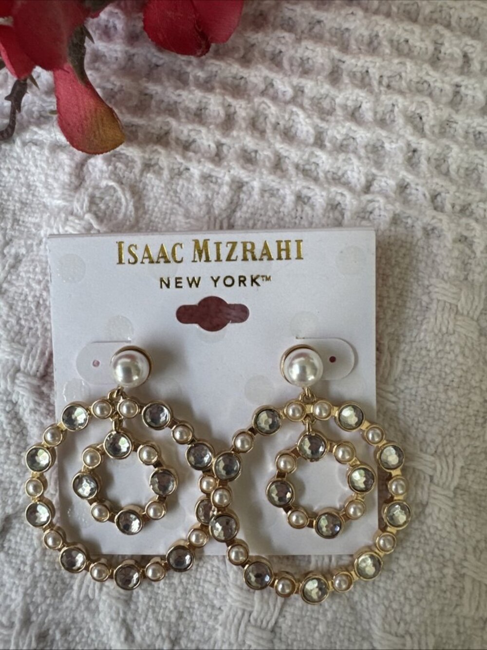 Isaac Mizrahi Gold Pearl Rhinestone Circle Hoop Earrings 2" MSRP $38 NEW